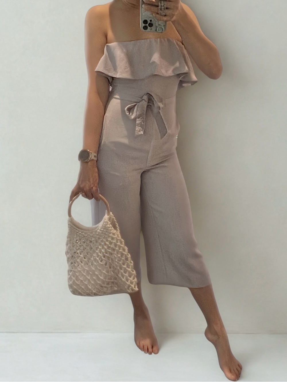Aritzia Babaton Strapless Ruffle Tie-Waist Jumpsuit in Light Lavender